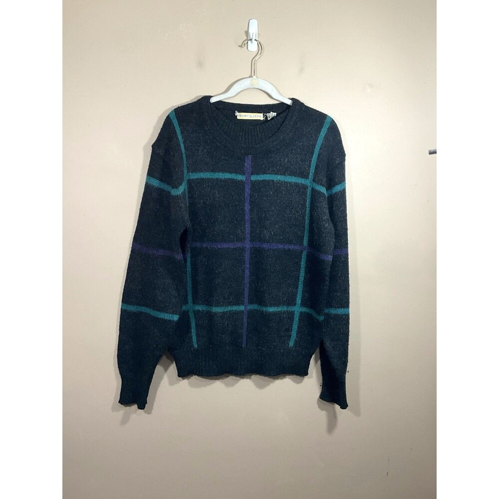 Vintage Adam Sloane Mens Square Checked Crew Neck Sweater L Grey 80s Grandpa